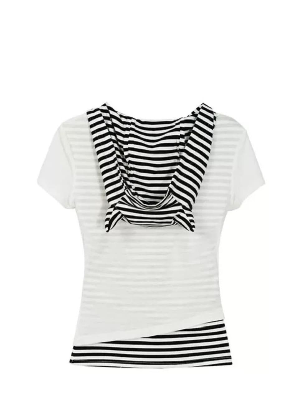 【Cest Nous】Striped Cat-Ear Top / 【セヌー】ボーダーレイヤードキャットイヤー半袖Tシャツ