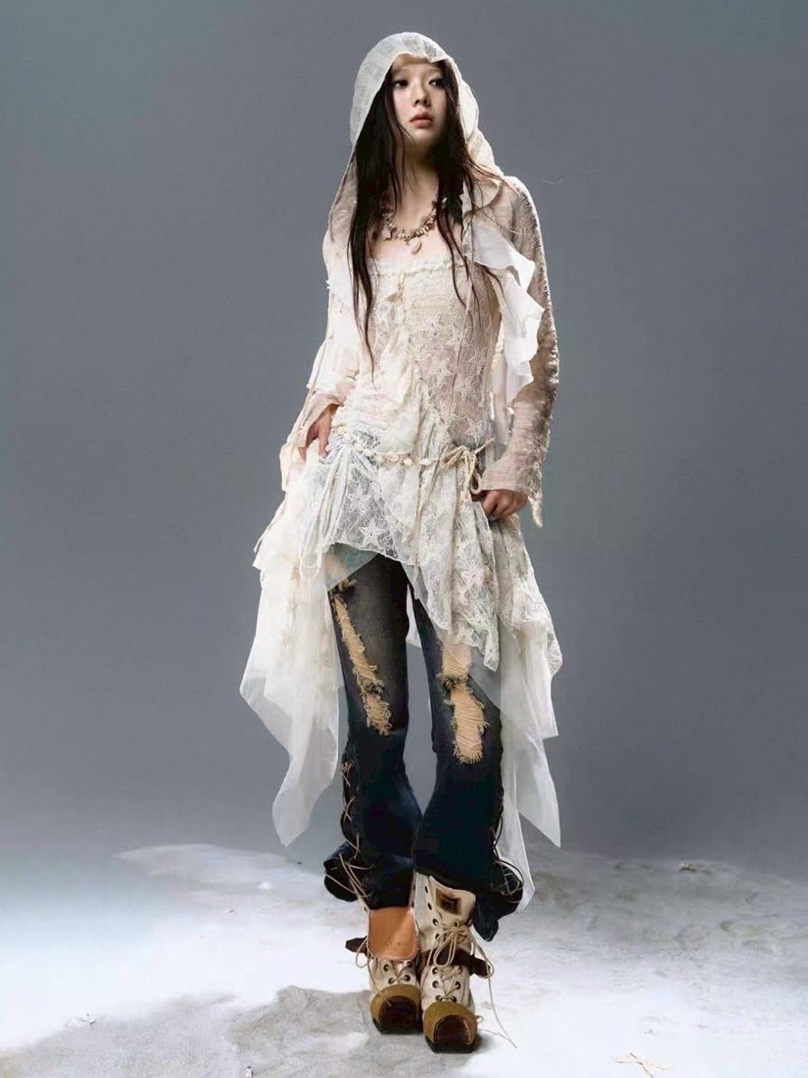 【Cest Nous】Plaid Chiffon Cardigan / 【セヌー】シフォンフリルシースルーカーディガン