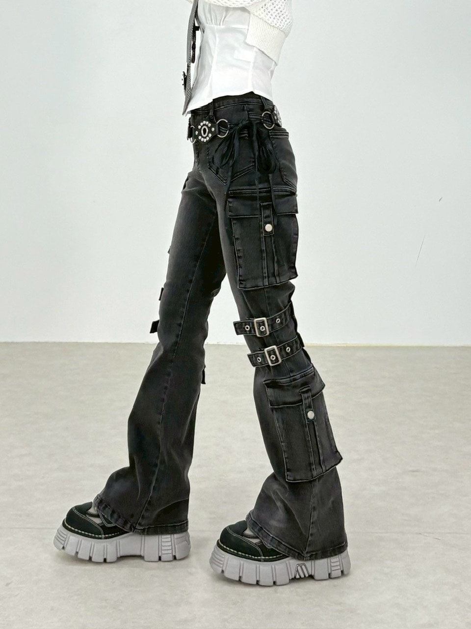 【NMTXU】flare cargo denim pants / 【エヌエムティーエックスユー】ウォッシュドフレアカーゴデニムパンツ