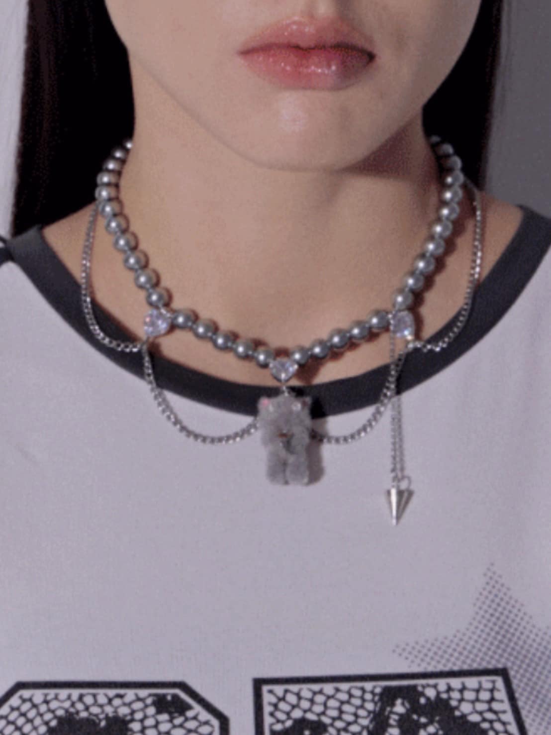 【PEG LEG】mascot silver chain pearl layered necklace