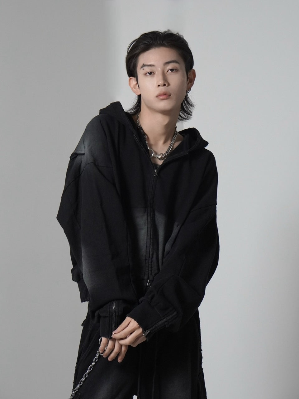 【CHIKASHITSU PLUS HIGH】cropped dirty wash double zip hoodie (wash black) / 【チカシツプラスハイ】クロップドダーティーウォッシュダブルジップパーカー