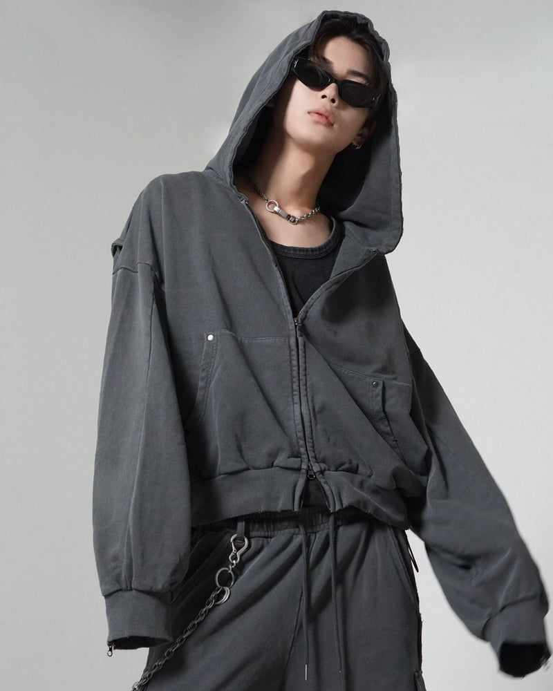 【CHIKASHITSU PLUS HIGH】cropped dirty wash double zip hoodie (charcoal) / 【チカシツプラスハイ】クロップドダーティーウォッシュダブルジップパーカー