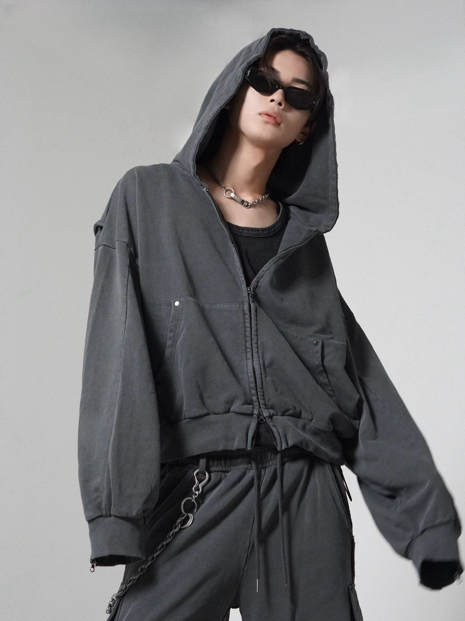 【CHIKASHITSU PLUS HIGH】cropped dirty wash double zip hoodie (charcoal) / 【チカシツプラスハイ】クロップドダーティーウォッシュダブルジップパーカー