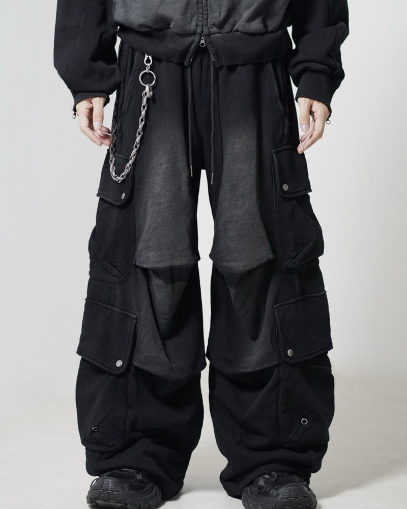 【CHIKASHITSU PLUS HIGH】4 pocket dirty wash sweat cargo pants (wash black) / 【チカシツプラスハイ】マルチポケットダーティーウォッシュスウェットカーゴパンツ