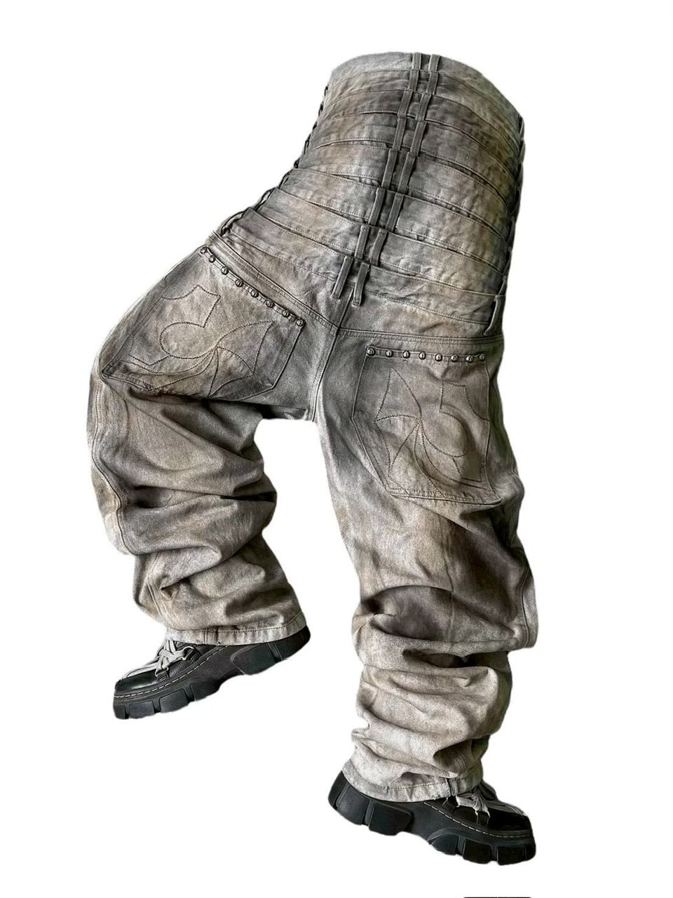 【UNIZ】8 Backs J-Cut Pants / 【ユニズ】ダーティーライクレイヤードバルーンデニムパンツ