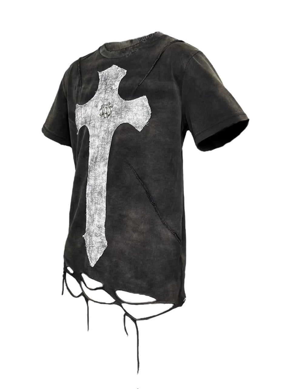 【UNIZ】Cross Knight T-Shirt / 【ユニズ】オーバーサイズクロスダメージ半袖Tシャツ
