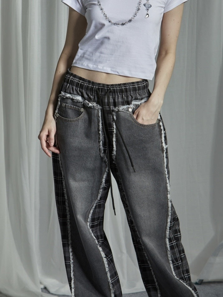 【GATELESS】DAMAGE DENIM PATICHWORK CHECK PANTS / 【ゲートレス】ダメージデニムパッチワークチェックパンツ