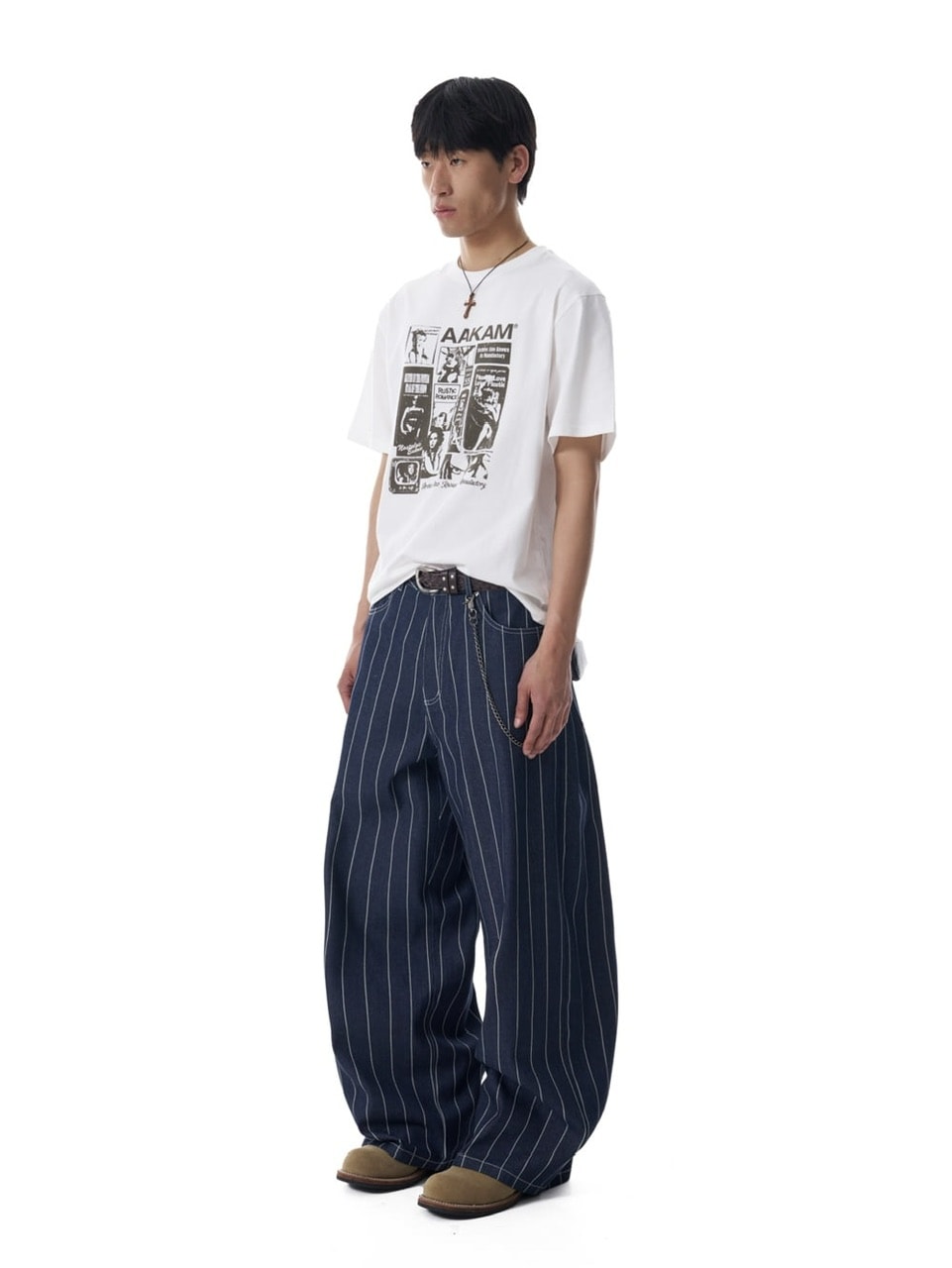 【AAKAM】Striped Cinch Back Denim Pants