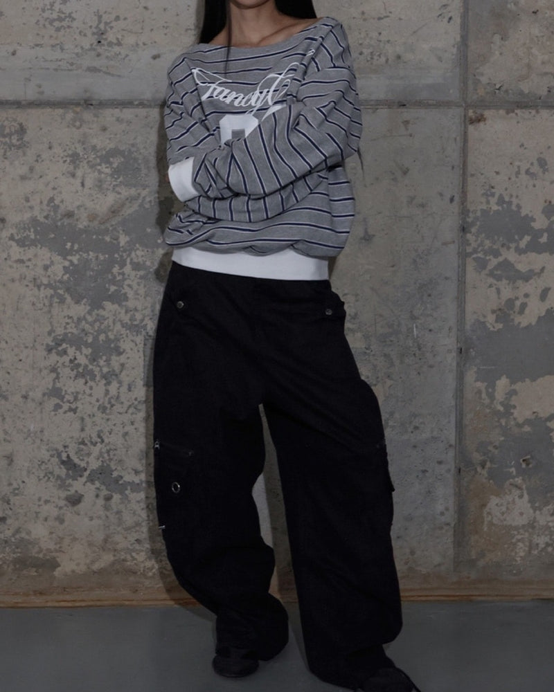 【FANCY CLUB】STRIPE ONE-SHOULDER SWEATSHIRT / 【ファンシークラブ】ストライプワンショルダースウェット長袖Ｔシャツ