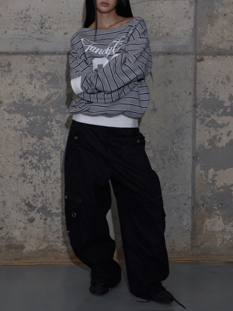 【FANCY CLUB】STRIPE ONE-SHOULDER SWEATSHIRT / 【ファンシークラブ】ストライプワンショルダースウェット長袖Ｔシャツ