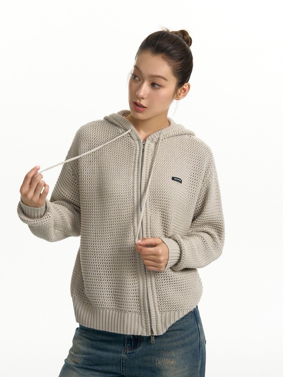 【TGNS】Hollow Knit Zipper Cardigan / 【ツーガンズ】ワンポイントメッシュジップアップパーカー