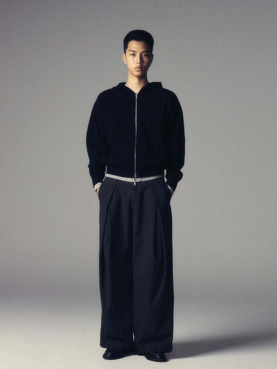 【CS】layered knit zip hoodie (black) / 【シーエス】レイヤードニットジップフーディー