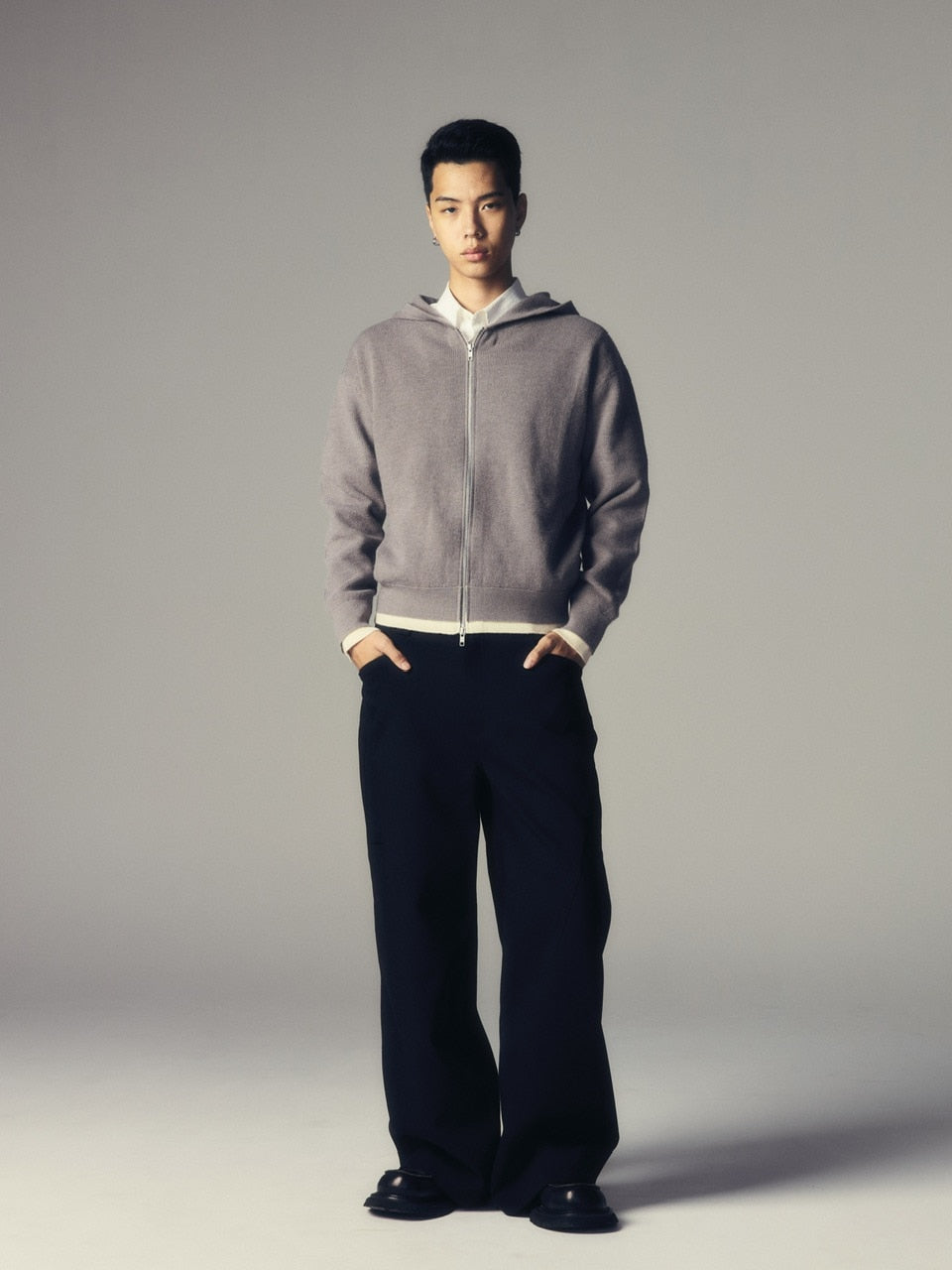 【CS】layered knit zip hoodie (gray) / 【シーエス】レイヤードニットジップフーディー