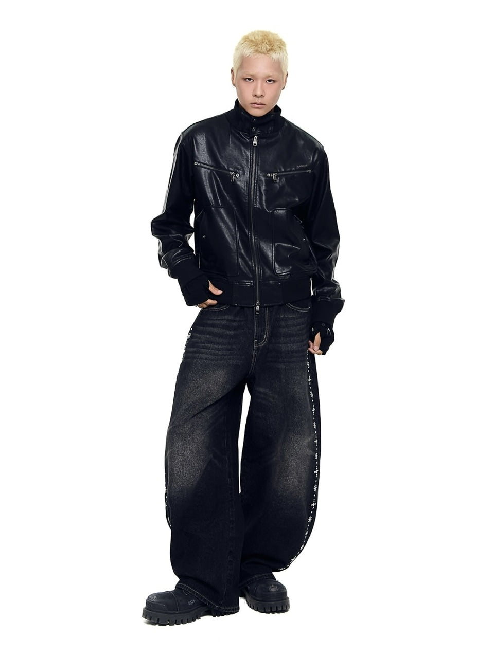 【AAKAM】Side Rhinestone Denim Pants