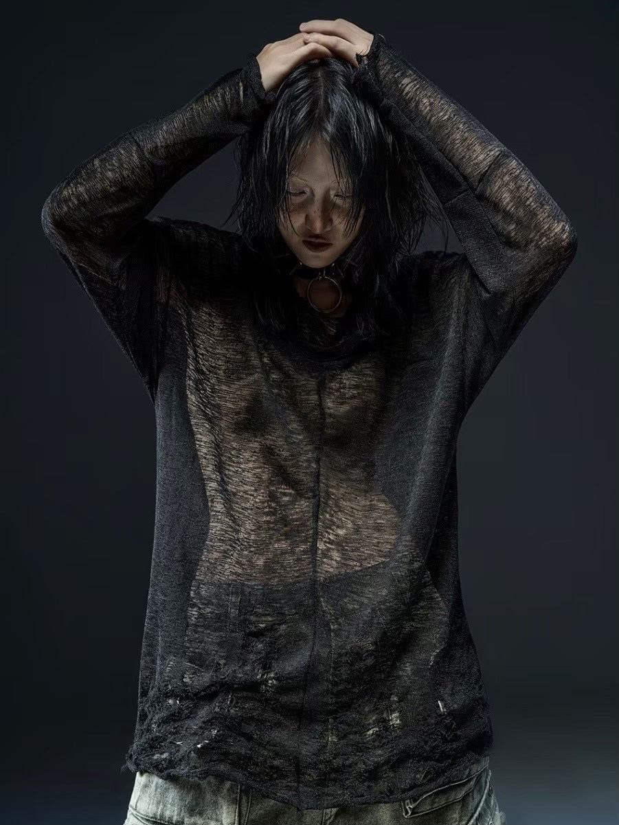 1/2 20:00再販【RICH】Ripped Over Knit Top / 【リッチ】シースルーオーバーサイズ長袖ニット