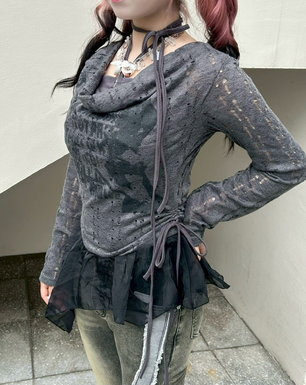 【Never mind the XU】see-through loose tops / 【ネバーマインドザエックスユー】シースルーレイヤードフリル長袖トップス (2color)