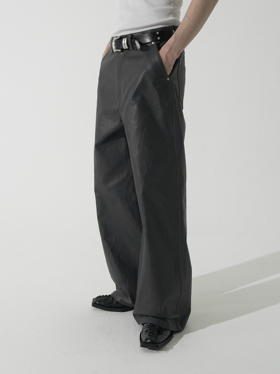 【CS】coated wide denim pants(dark gray)