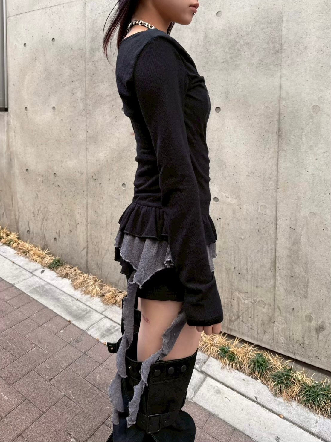 【Never mind the XU】tie set layered long sleeve / 【ネバーマインドザエックスユー】タイセットレイヤード長袖トップス (2color)