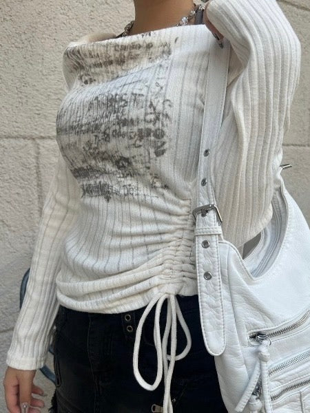 【Never mind the XU】off shoulder tops / 【ネバーマインドザエックスユー】シャーリングオフショルダー長袖トップス (3color)