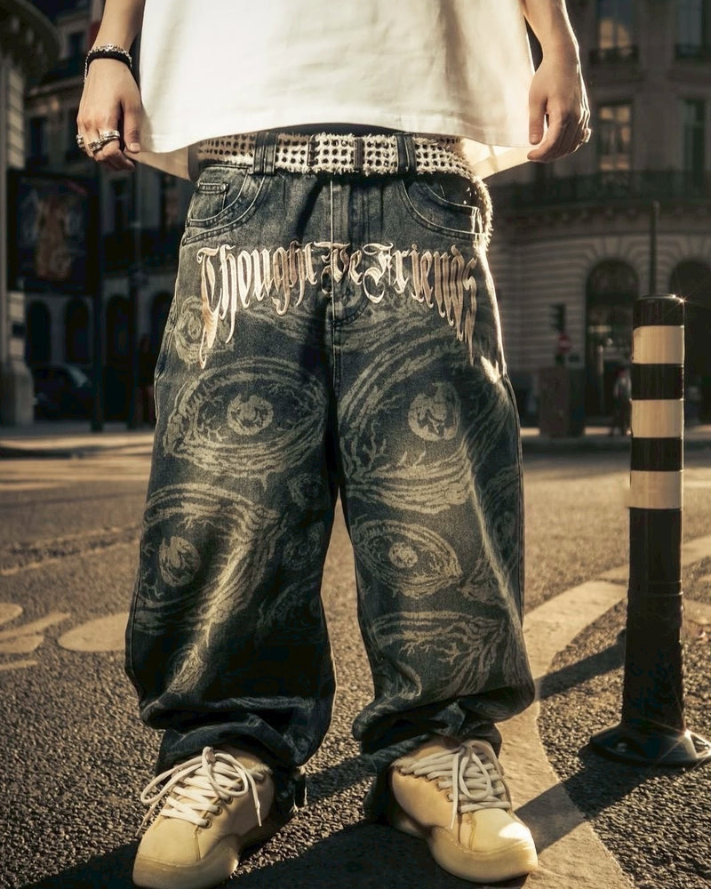 【Thought We Friends】Eyethought 2.0 Distressed Baggy Denims with Embroidery & Studs