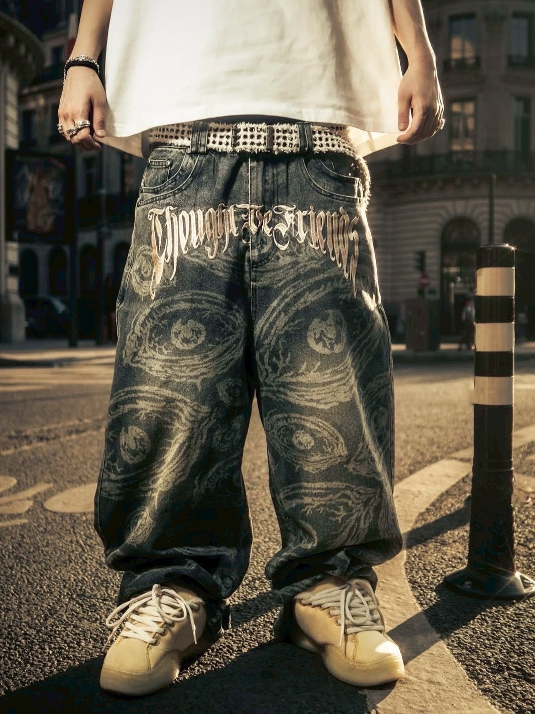 【Thought We Friends】Eyethought 2.0 Distressed Baggy Denims with Embroidery & Studs