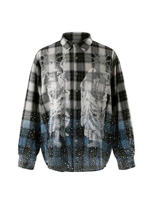 【The Boy Has No Patience】Saint Irregular Hot Diamond Plaid Shirt / 【ザボーイハズノーペーシェンス】ラインストーングラデーション長袖チェックシャツ