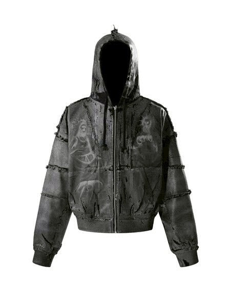 【The Boy Has No Patience】Double Saint Spray Hooded Jacket / 【ザボーイハズノーペーシェンス】スプレーグラフィックフードジップアップブルゾン