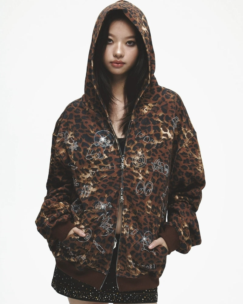 【DND4DES】Cartoon Rhinestone-Studded Leopard Print Zip Hoodie /【ディーエヌディーフォーデス】ラインストーンレオパードプリントジップアップパーカー