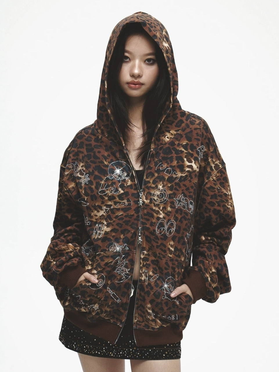 【DND4DES】Cartoon Rhinestone-Studded Leopard Print Zip Hoodie /【ディーエヌディーフォーデス】ラインストーンレオパードプリントジップアップパーカー
