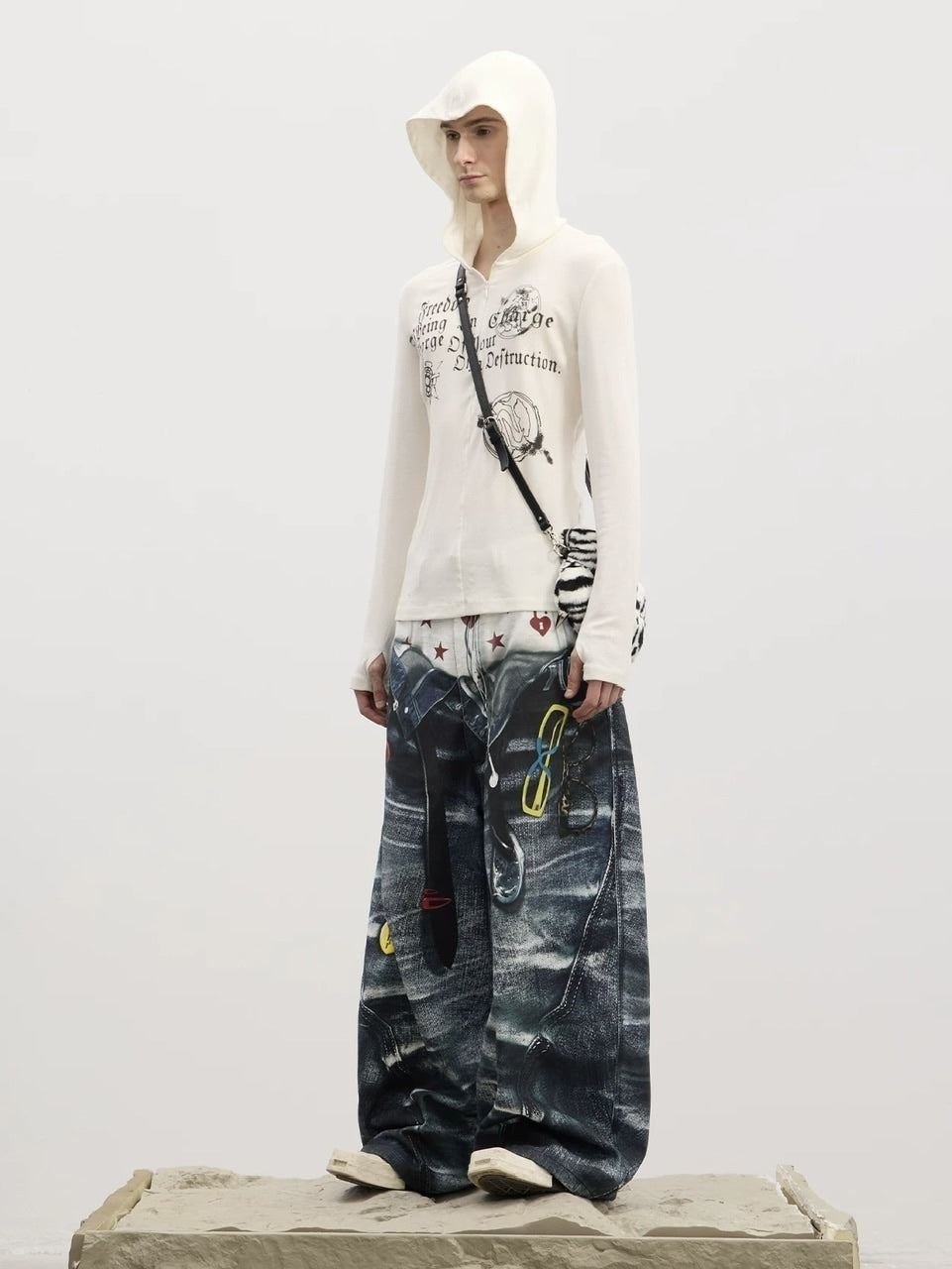 【DND4DES】Double Waist Badge All-Over Print Pants /【ディーエヌディーフォーデス】ダブルウエストプリントデニムパンツ