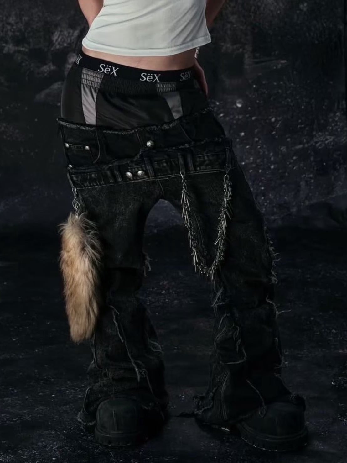 【Cozy world Wide】COZY25 TRIPPLE LAYER WAXED FLARED JEANS / 【コージーワールドワイド】レイヤードフリンジデニムフレアパンツ