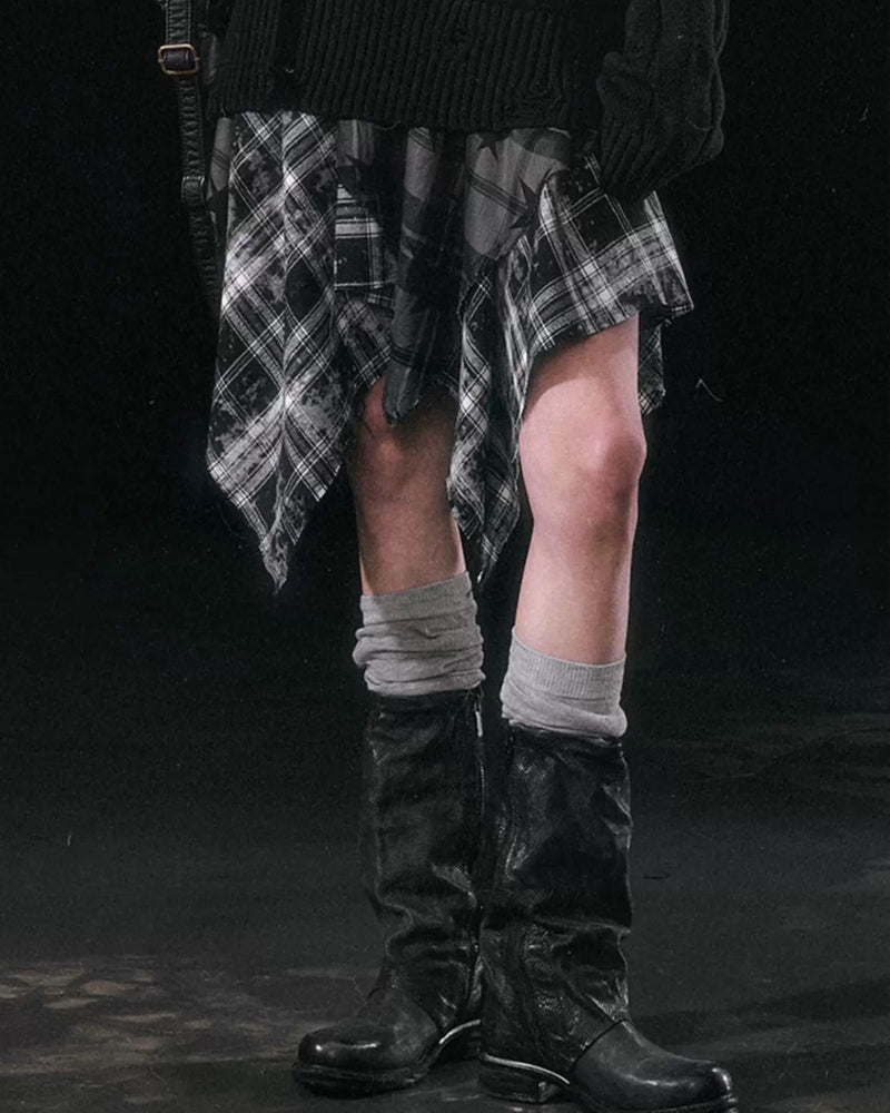 【Cest Nous】Star-Patterned Plaid Asymmetrical Skirt