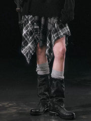 【Cest Nous】Star-Patterned Plaid Asymmetrical Skirt