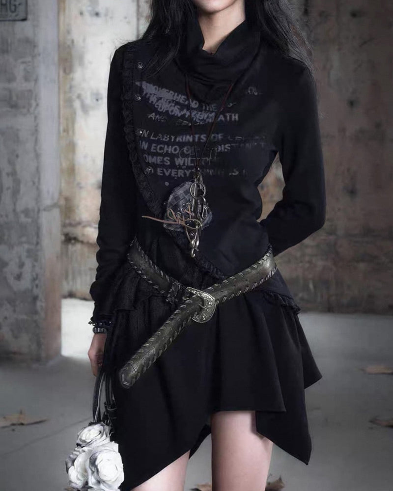 【Cest Nous】Black Cowl Neck Dress / 【セヌー】ハイネックアシンメトリーフリルワンピース