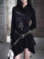 【Cest Nous】Black Cowl Neck Dress / 【セヌー】ハイネックアシンメトリーフリルワンピース