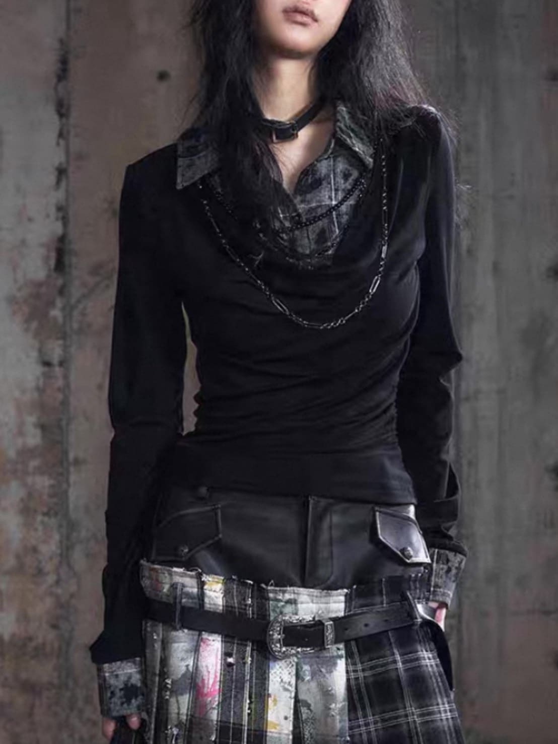 【Cest Nous】Plaid Necklace Top / 【セヌー】チェーン付きレイヤードシャツ