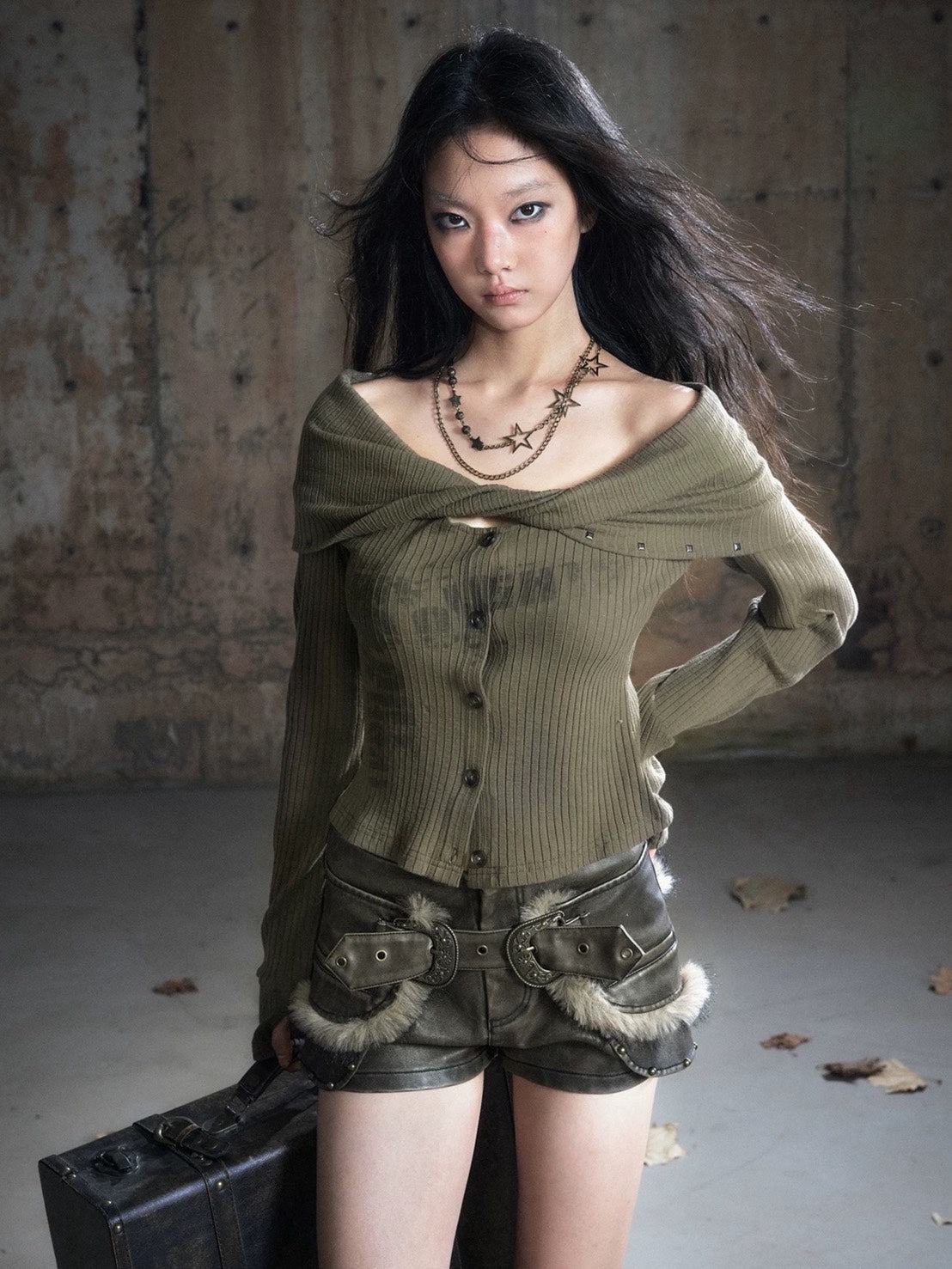 【Cest Nous】Off Shoulder Print Top / 【セヌー】オフショルダープリント長袖トップス