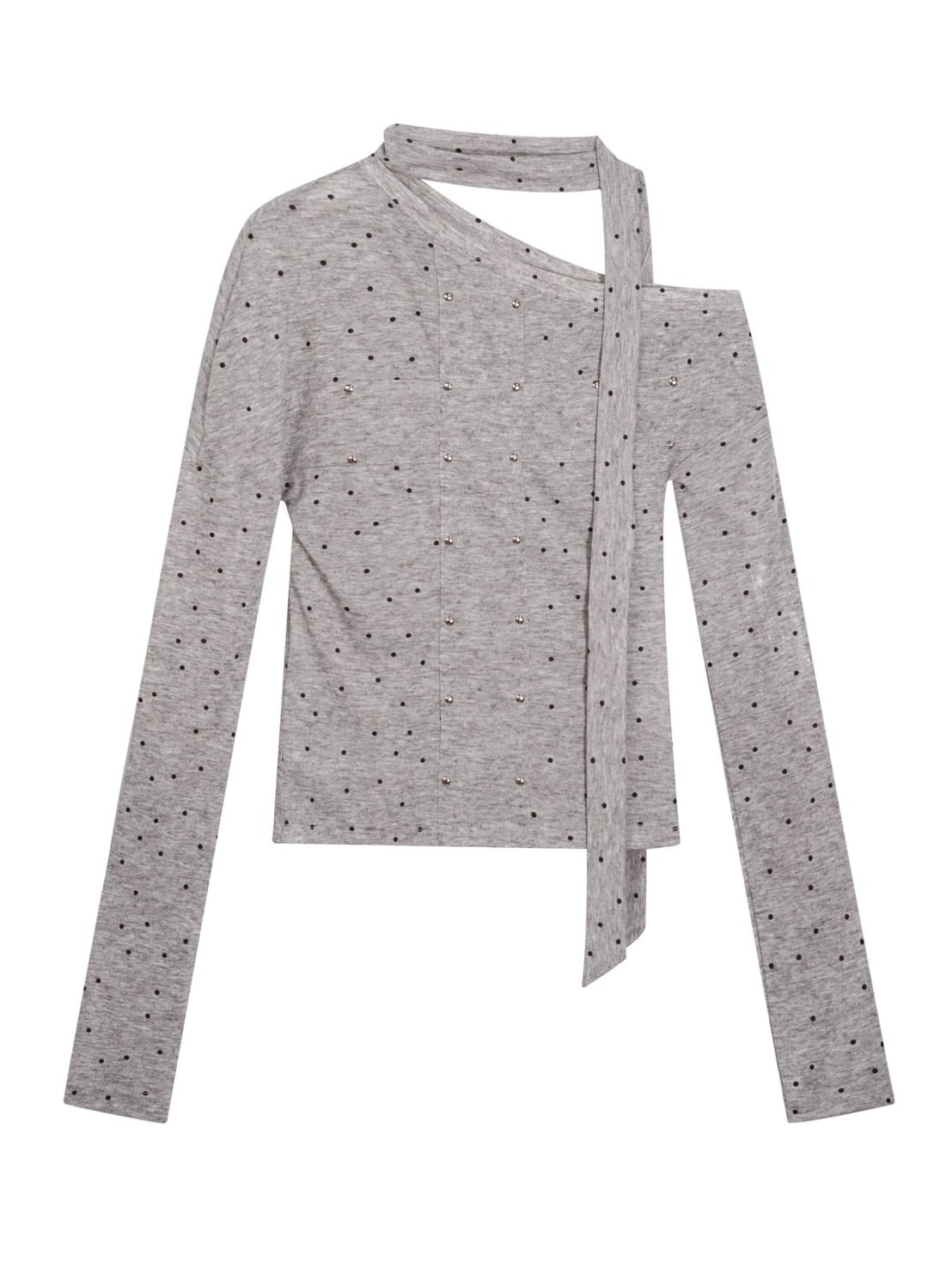 【Cest Nous】Grey Polka Dot Top / 【セヌー】タイ付きワンショルダー長袖トップス