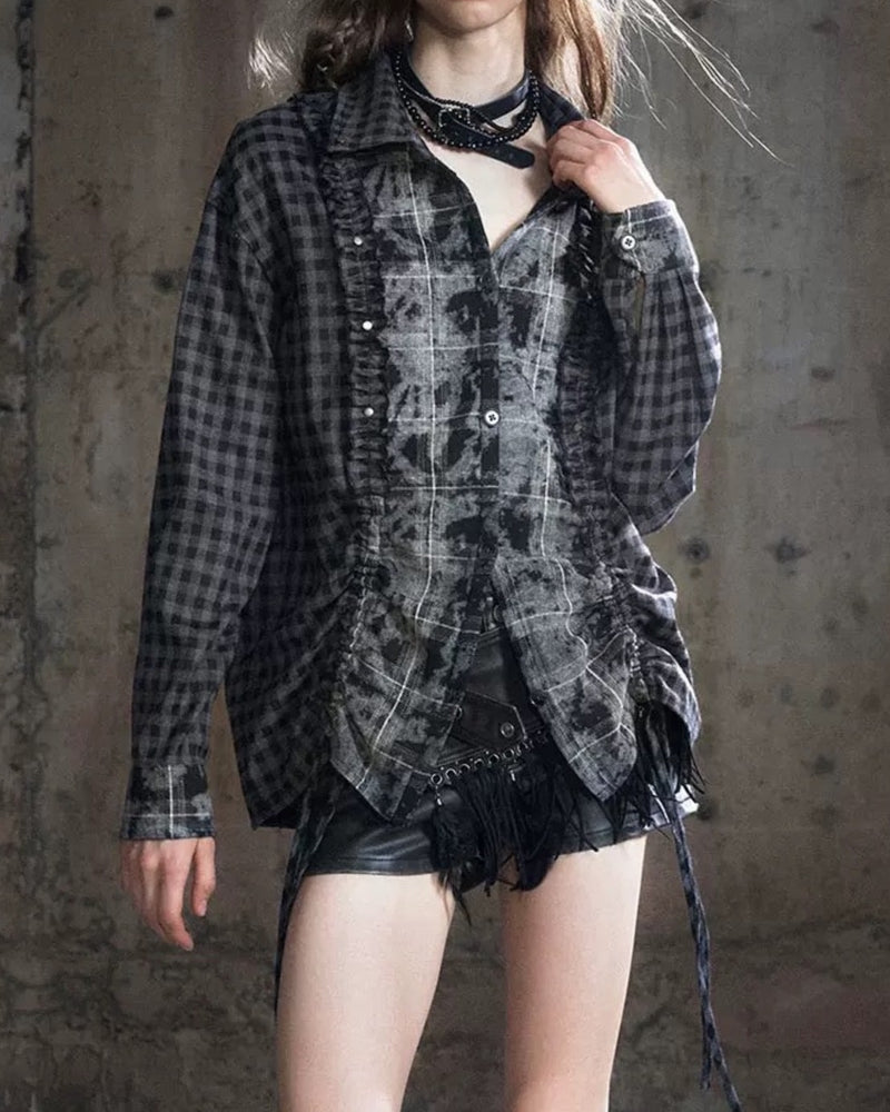 【Cest Nous】Plaid Patchwork Blouse / 【セヌー】パッチワークフリルシャツ