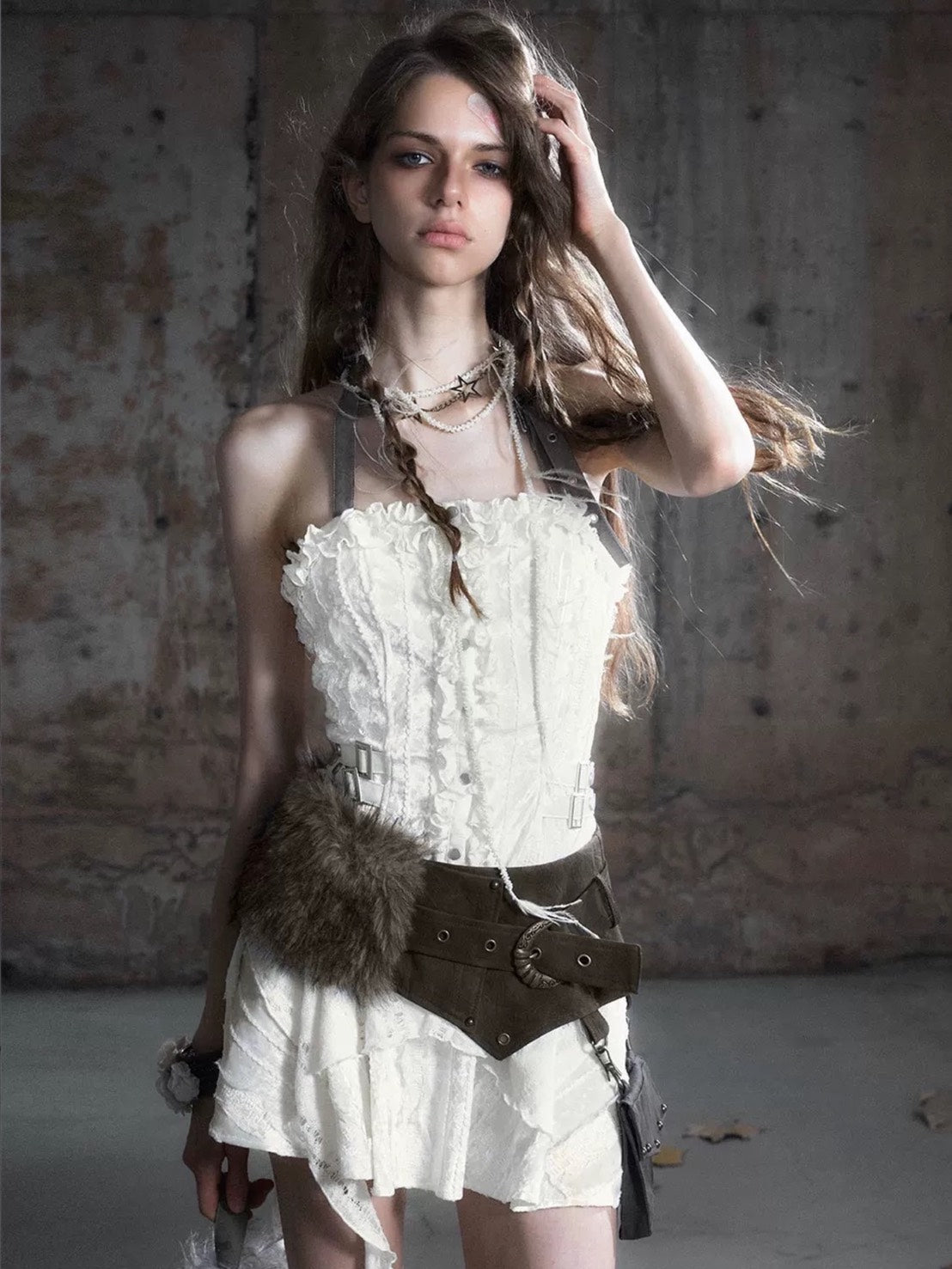 【Cest Nous】Brown Waist Belt / 【セヌー】ポケット付きファーポイントベルト