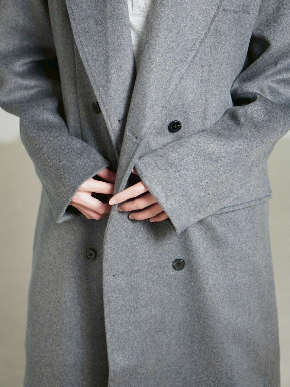 受注制【Chikashitsu +】overfit cashmere blend double long coat / 【チカシツプラス】オーバーフィットカシミヤブレンドダブルロングコート (3color)