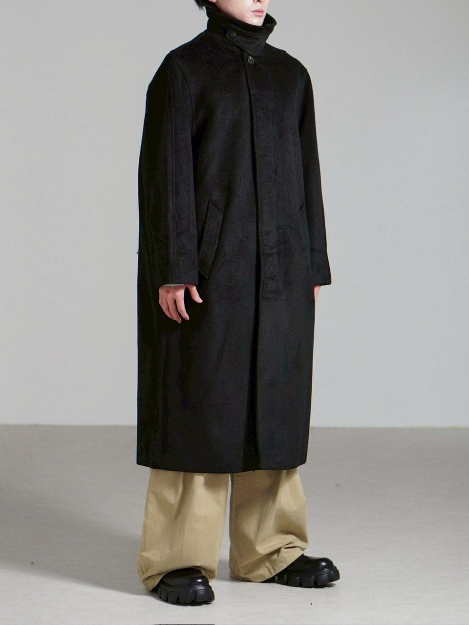受注制【Chikashitsu +】high neck wool blend long coat (2color