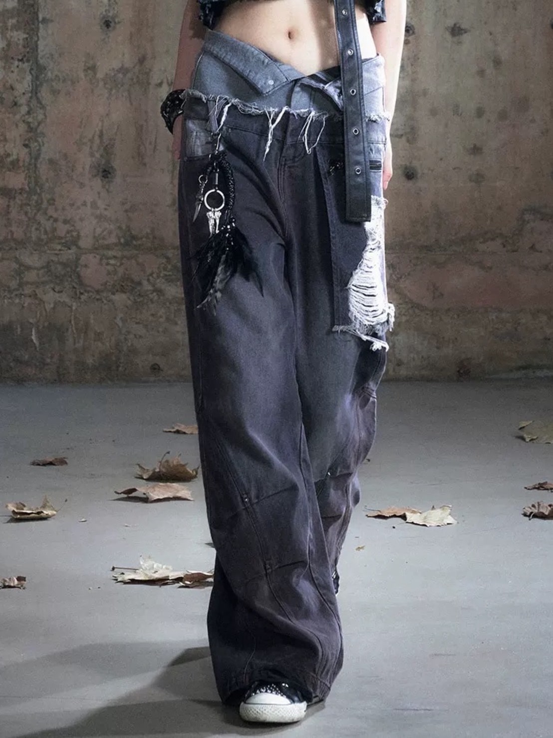 【Cest Nous】Black & Red Wide-Leg Pants / 【セヌー】ダブルウエストダメージデニムパンツ