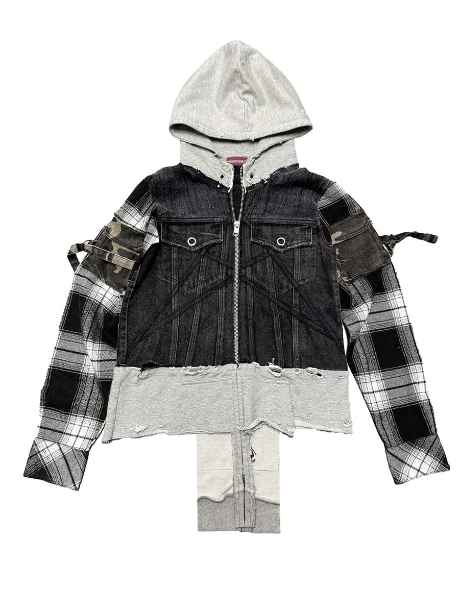 【Reckless Scholars】RE:WORK DENIM FLANNEL TRYCKER / 【レックレス スカラーズ】チェックスリーブレイヤードデニムジップパーカー