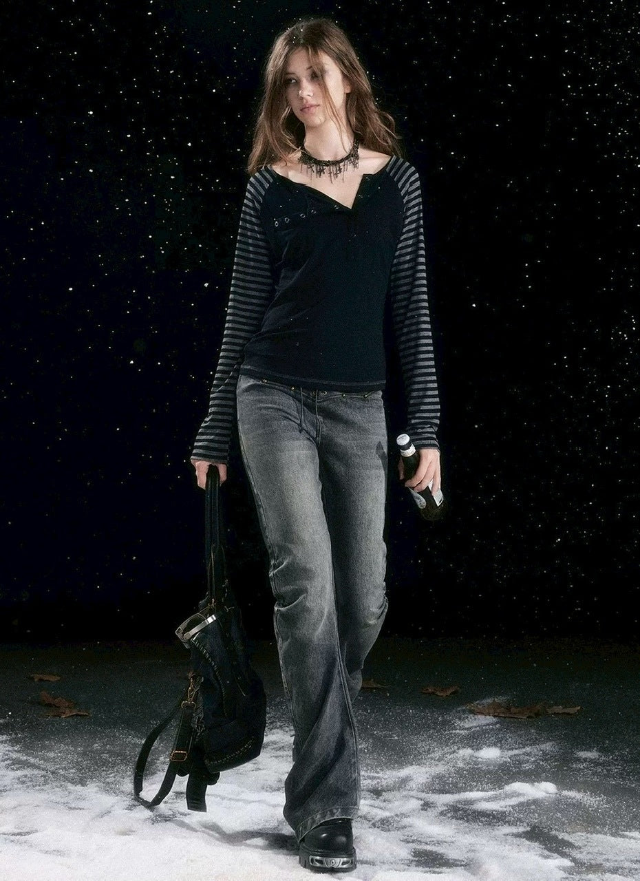 【Cest Nous】Asymmetric henley neck top / 【セヌー】ボーダースリーブ長袖Ｔシャツ