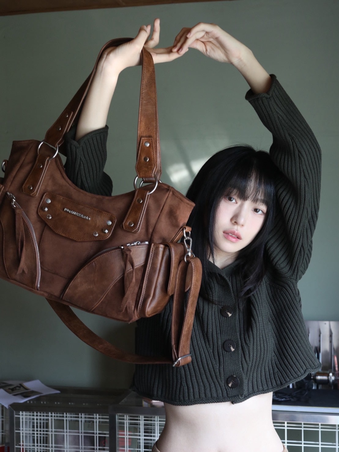 【IUGAMAKARAS】Studded Suede Shoulder Bag