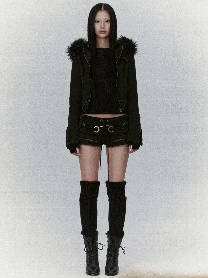 【bonienkiye】Distressed Seam Fur Hood Zip-Up