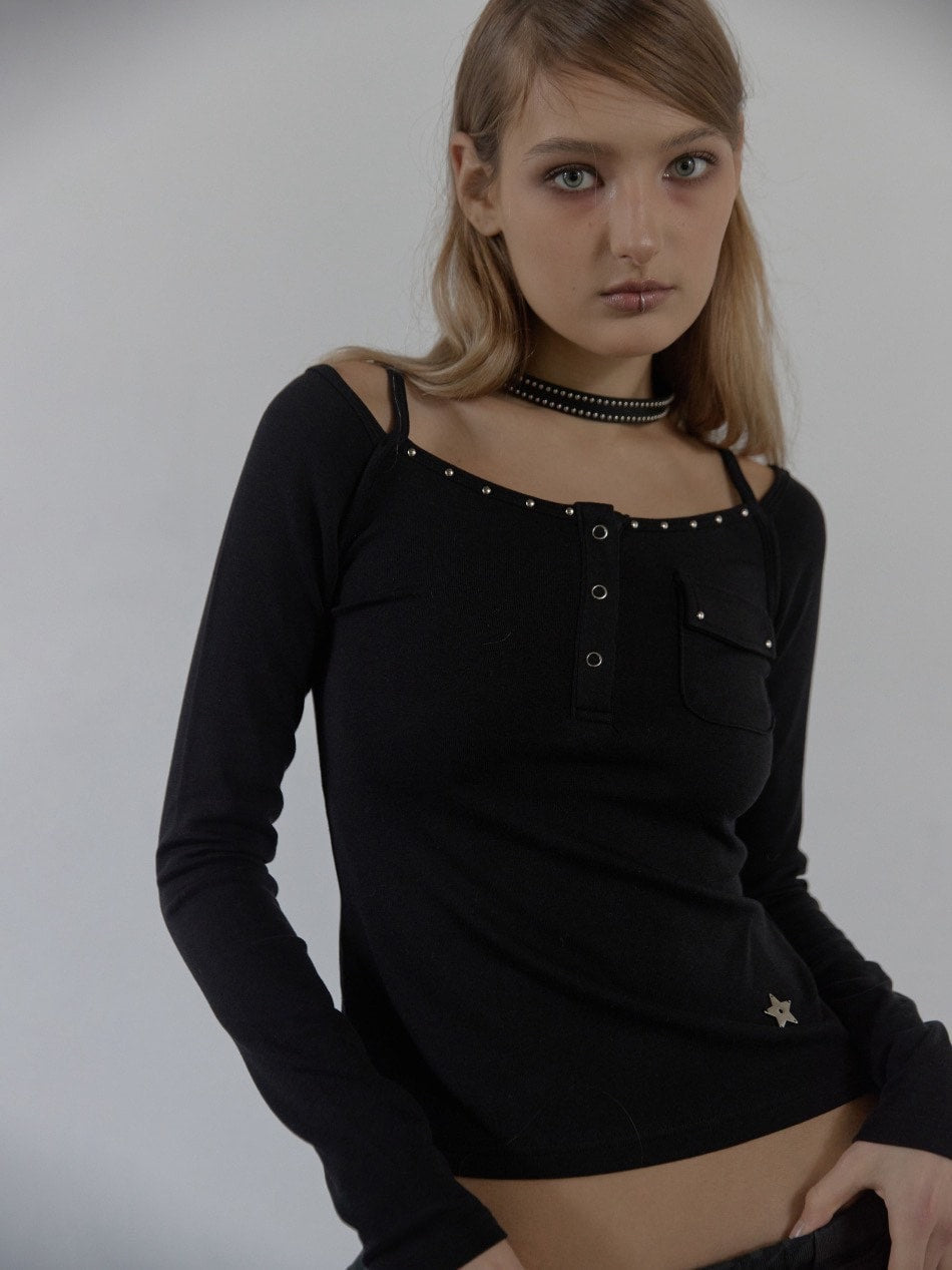 【SETUP‐EXE】SLEEVELESS LAYERED TOP / 【セットアップエグゼ】キャミレイヤード長袖Tシャツ