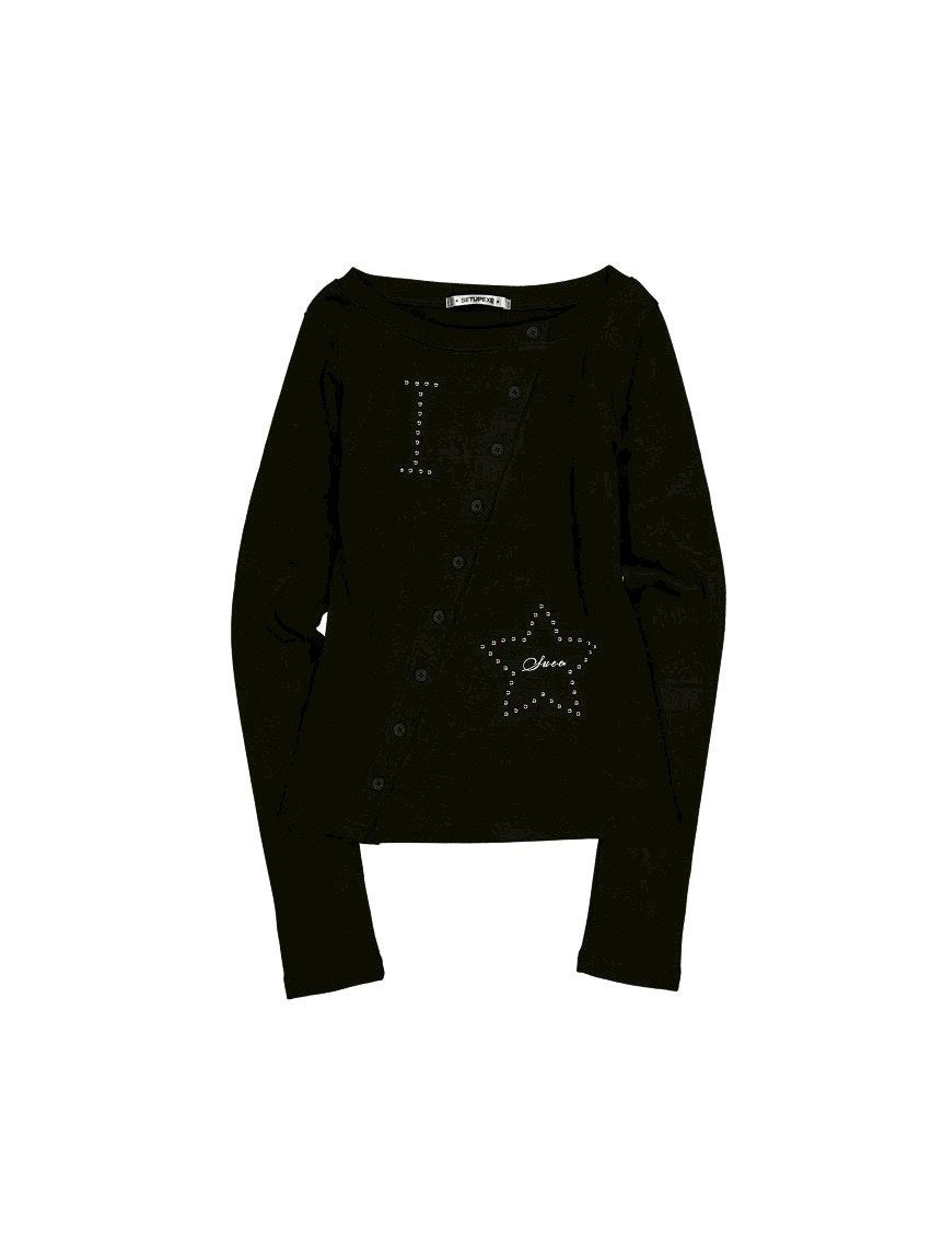 【SETUP‐EXE】STAR BUTTON TOP / 【セットアップエグゼ】ラインストーンボタン長袖Tシャツ