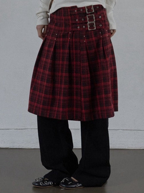 【SETUP‐EXE】CHECK BUCKLE WRAP SKIRT / 【セットアップエグゼ】ベルトチェックラップスカート